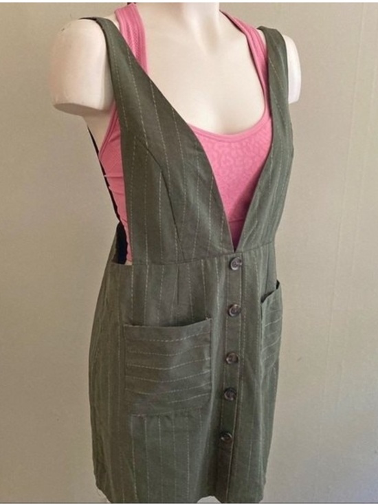 Hayden Dresses & Skirts - Hayden Jumper Pinafore Olive Green Pinstripe Overall Dress Buttons 100% Cotton